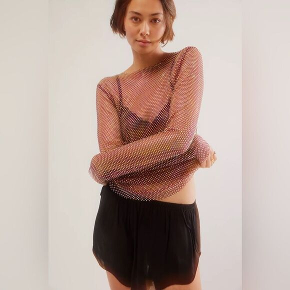 FREE PEOPLE Intimately Filter Finish long Sleeve Rhinestone Top NWOT - Picture 3 of 8